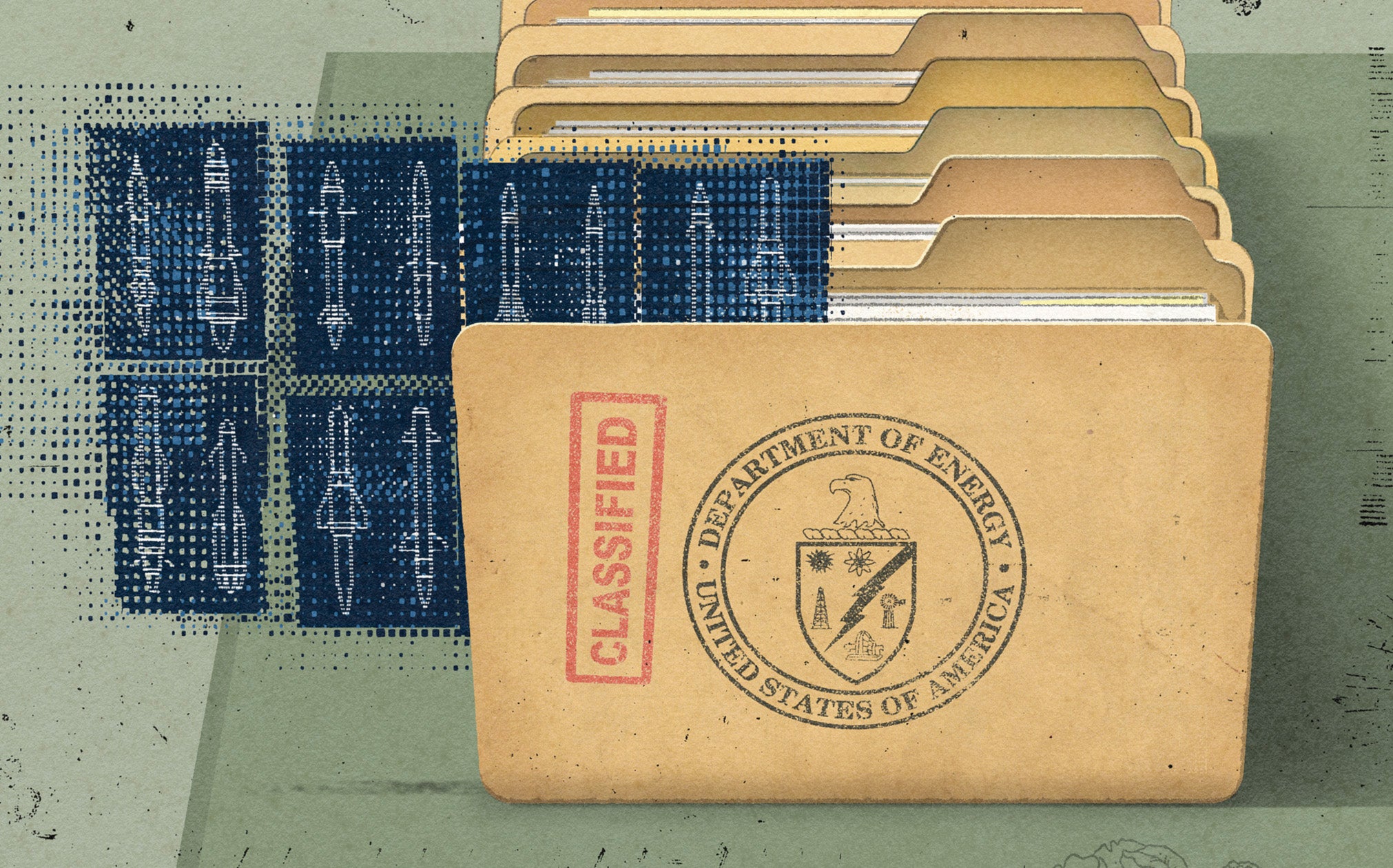 Illustration by Richard Mia of a Department of Energy folder stamped Classified, with pixelated blue weapons schematics slipping into paper files.