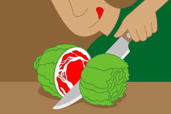 Graphic illustration of a person using a large knife to slice open green lettuce, revealing a red raw steak cross-section on the inside.