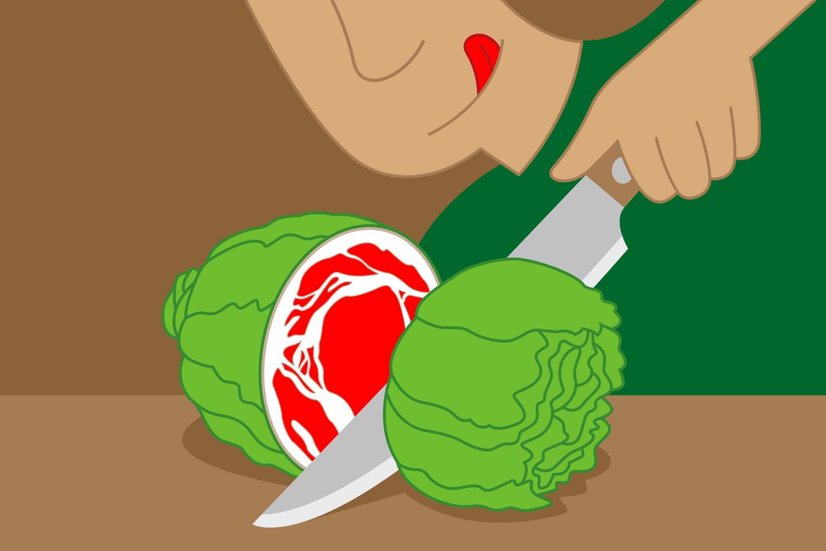 Graphic illustration of a person using a large knife to slice open green lettuce, revealing a red raw steak cross-section on the inside.