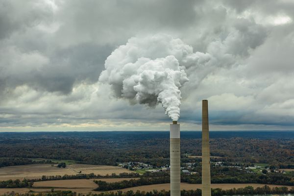 Aerial image of Kyger Creek coal-fired power plant in Gallia County, Ohio, on an overcast day in fall.