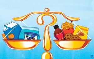 An illustration of a golden question-mark balance scale weighing healthy foods like juice, milk, and yogurt on the left tray against processed foods like soda, french fries, cookies, and chips on the right tray.