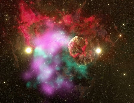 A false-color multiwavelength image of the Jellyfish Nebula that reveals two supernova remnants lurking within.