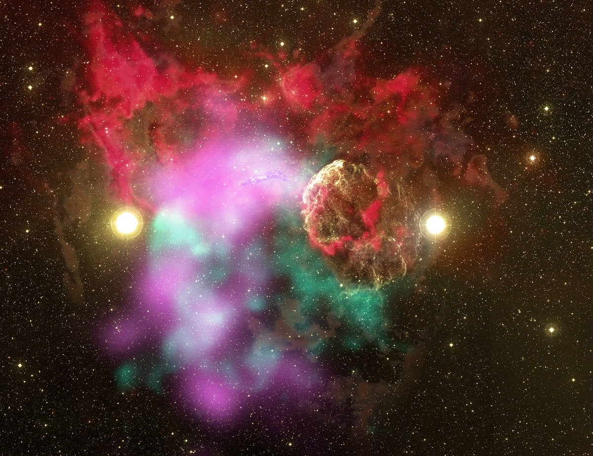 A false-color multiwavelength image of the Jellyfish Nebula that reveals two supernova remnants lurking within.