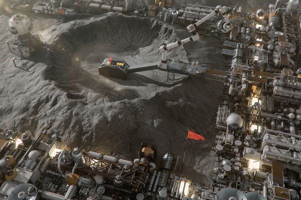 Futuristic Chinese guidelines pinch business analyzable connected nan Moon. 3D generated image.