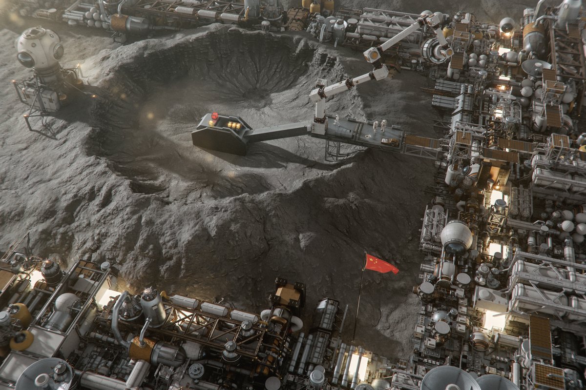 A 3D-generated image of a futuristic Chinese base with an industrial complex on the moon.