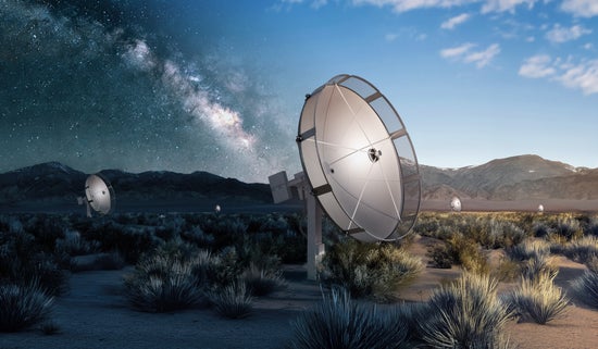 Mock-up of dish-shaped antennae scattered across the desert, with the sky fading from day to night, showing the Milky Way.
