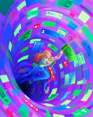 An illustration of a woman climbing a glowing yellow rope inside a swirling, vibrant tunnel lined with social media feeds, notification badges, and like icons.