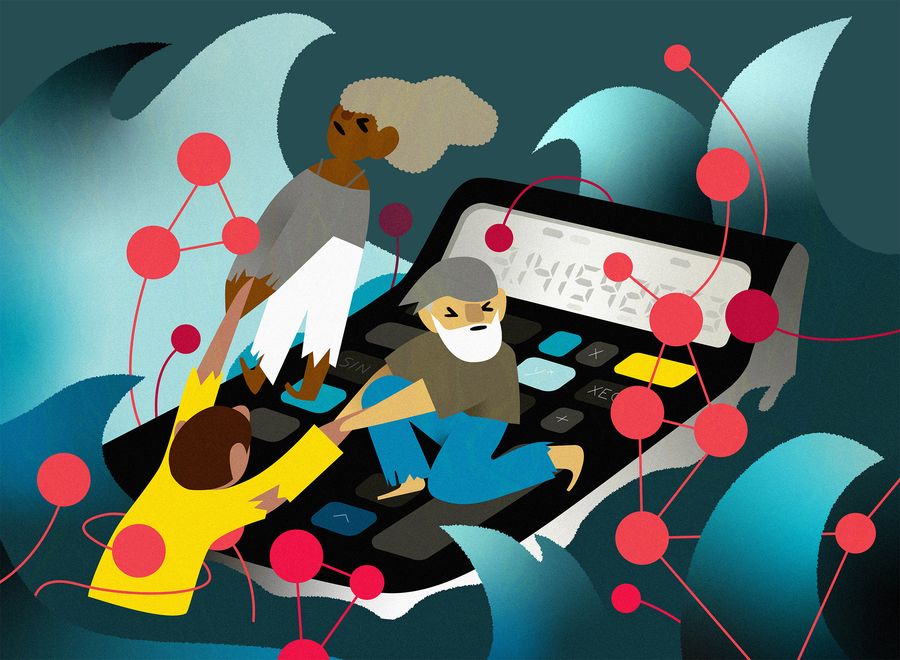 An abstract illustration depicting three people holding onto each other while riding on a large black calculator floating in a stormy teal sea, surrounded by red connected digital nodes.