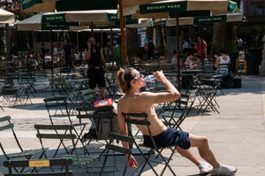 People try to stay cool during a heat wave in Bryant Park in Manhattan on July 01, 2026 in New York City.