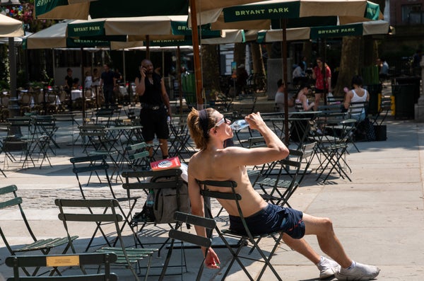 People try to stay cool during a heat wave in Bryant Park in Manhattan on July 01, 2026 in New York City.