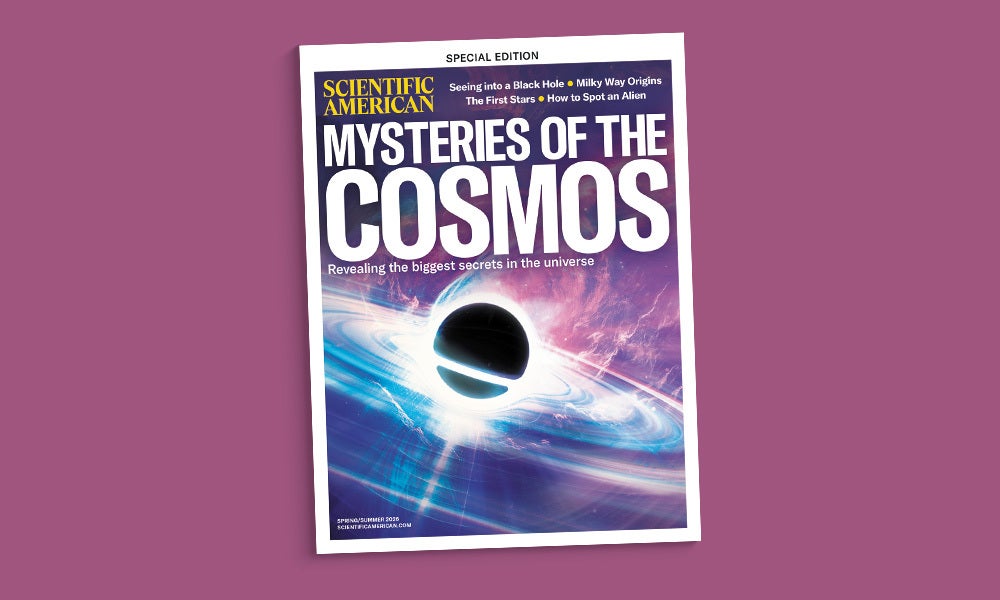 Cover of the Mysteries of the Cosmos issue of Scientific American against a purple background.