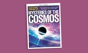 Cover of the Mysteries of the Cosmos issue of Scientific American against a purple background.