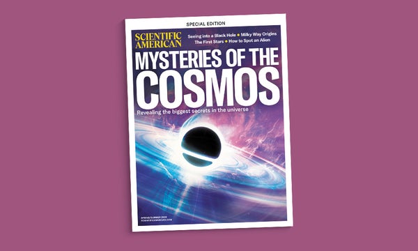 Cover of the Mysteries of the Cosmos issue of Scientific American against a purple background.