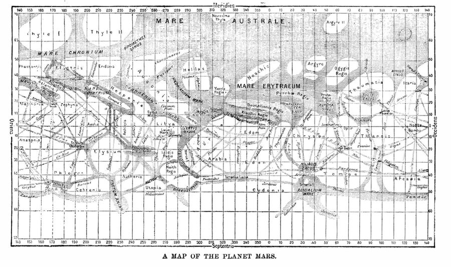 A monochromatic line drawing depicting the surface of Mars, as well as several features that were once controversially interpreted as canals.