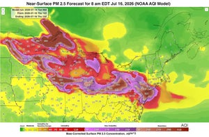 A map of the Midwest and Northeast showing a red, purple and maroon blob denoting poor air quality.