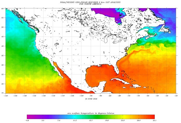 Sea surface temperatures near the United States, appearing in bright red