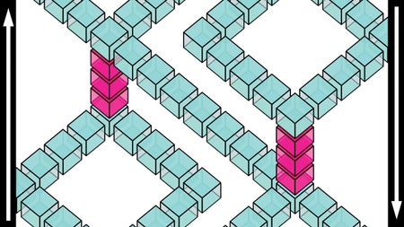 A rectangle is filled with lines of cubes creating paths at right angles and ladders through the space.