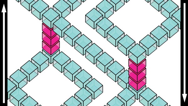 A rectangle is filled with lines of cubes creating paths at right angles and ladders through the space.