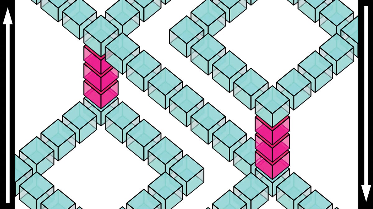 A rectangle is filled with lines of cubes creating paths at right angles and ladders through the space.