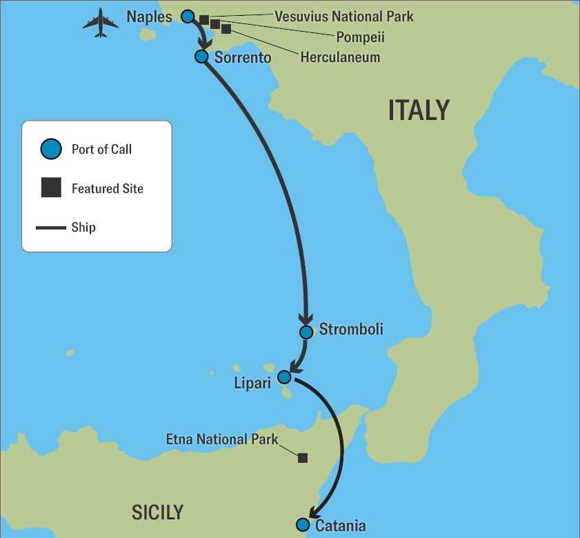 Map of stops on Volcanoes of Italy tour