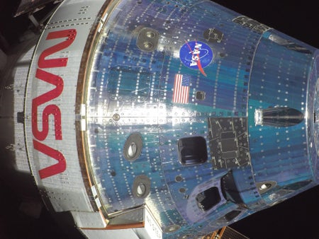NASA’s Orion spacecraft is pictured here from one of the cameras mounted on its solar array wings.