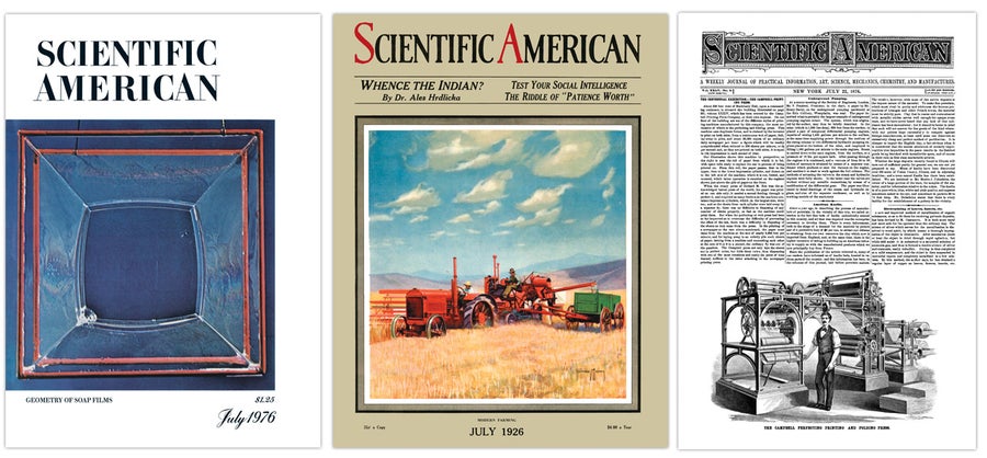 Three thumbnail size images of Scientific American's July 1976, 1926 and 1876 cover.