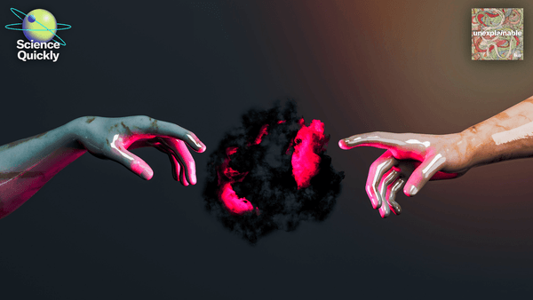 An illustration of dark matter nebula with pink shades between the hands of adam's creation in marble sculpture