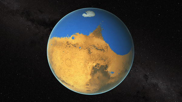 A full-disk view of Mars from space, as the planet might have been billions of years ago. A blue ocean covers much of the planet’s northern hemisphere.