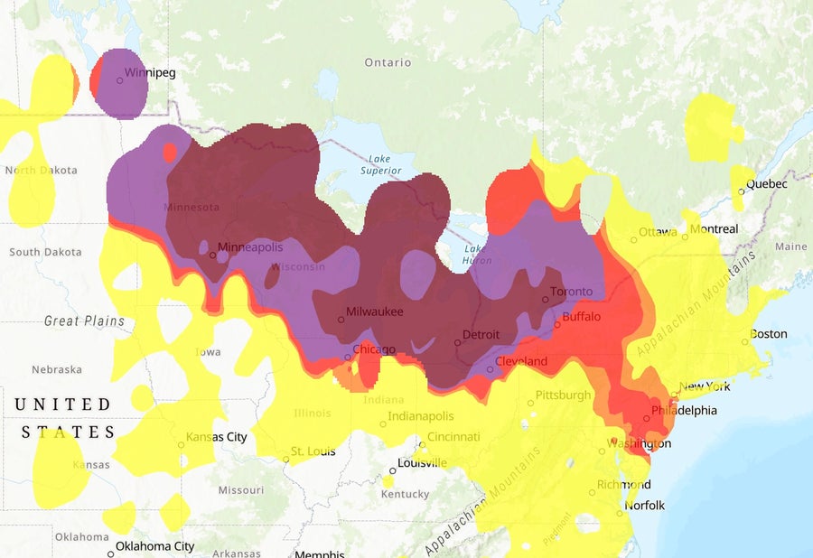 A map of the northeastern quarter of the contiguous U.S. with large areas of yellow, red, orange, purple and maroon denoting poor air quality
