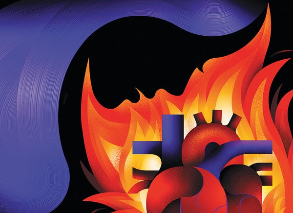 A conceptual illustration of a heart in flames.