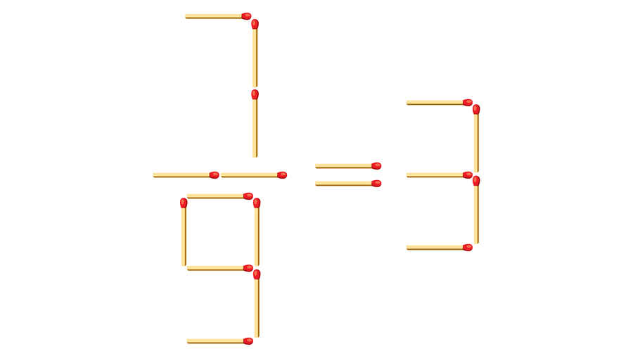 Illustration of 18 matches arranged at right angles to show the mathematical expression “seven ninths equals three.”