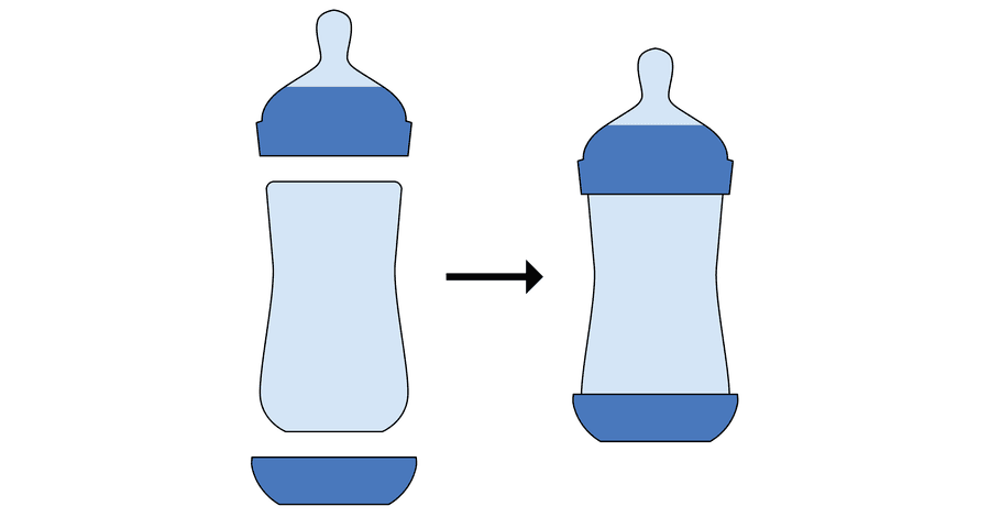 Graphic shows an assembled and disassembled version of a blue baby bottle.