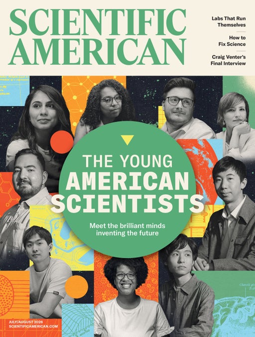 Cover of the July/August issue of Scientific American, featuring a colorful collage of people around the branding of The Young American Scientists.