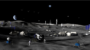 A cartoon showing an enclosed moon buggy in front of two sets of joined modules on the moon.