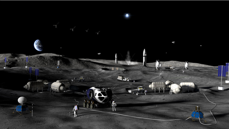 A cartoon showing an enclosed moon buggy in front of two sets of joined modules on the moon.