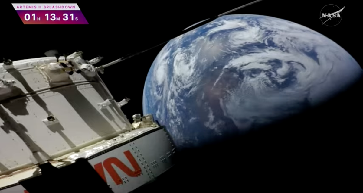 At the left, a view of the Orion capsule. In front of it is a halflit view of Earth.