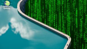 A two image collage showing a damn with water reflecting clouds at the left and Matrix style computer code at the right