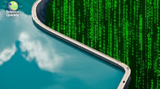 A two image collage showing a damn with water reflecting clouds at the left and Matrix style computer code at the right