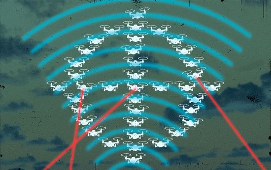 Drones in a formation shaped like crosshairs with a teal wifi symbol layered on top along with 3 red laser beams emerging from the bottom.