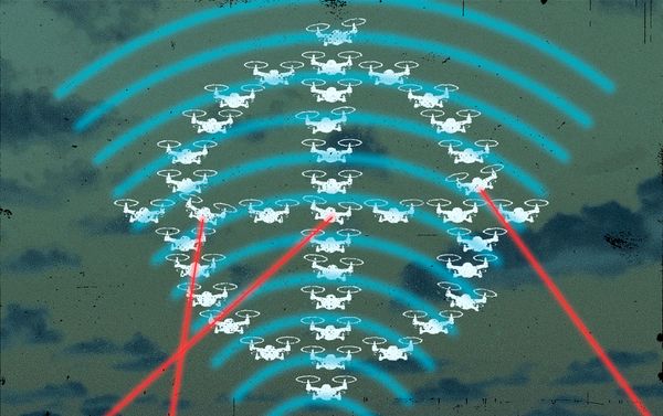 Drones in a formation shaped like crosshairs with a teal wifi symbol layered on top along with 3 red laser beams emerging from the bottom.