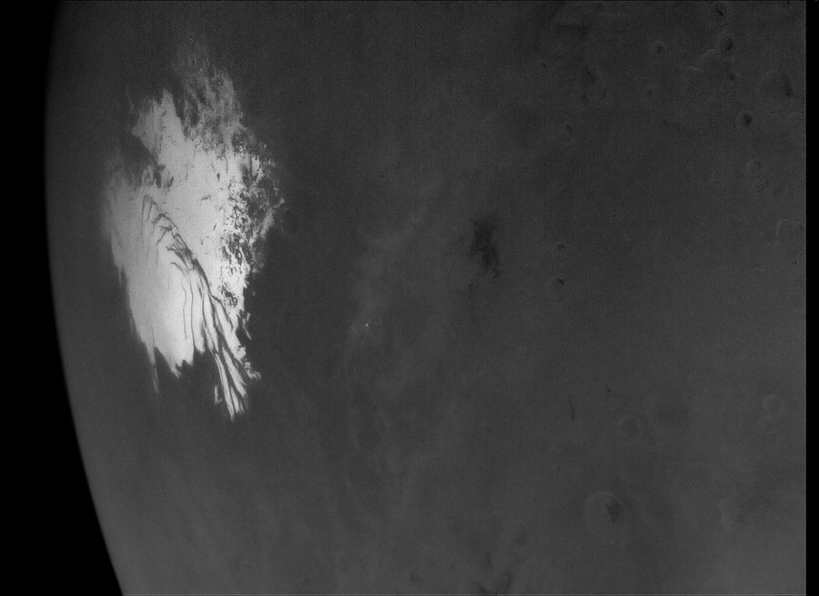 This is the highest-resolution view of the water ice-rich south polar cap of Mars captured by NASA’s Psyche mission after it made its close approach with the planet for a gravity assist. The cap is more than 430 miles (700 kilometers) across.