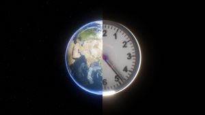 A clock overlayed on planet Earth.