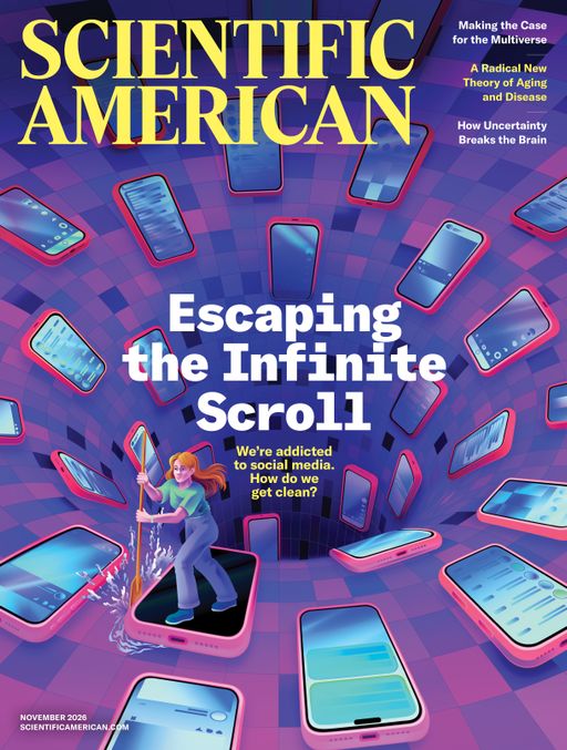 Cover of the November 2026 issue of Scientific American, showing an illustration of a woman climbing a glowing yellow rope inside a swirling, vibrant tunnel lined with social media feeds, notification badges, and like icons.