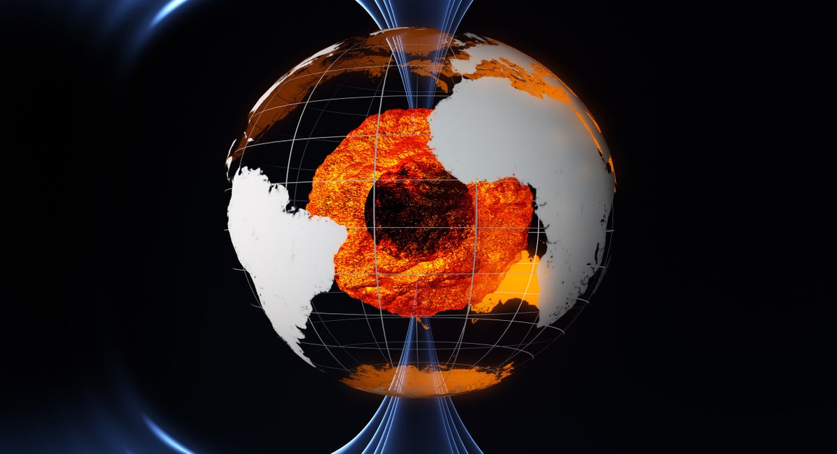 A diagram of Earth showing its solid inner core and its liquid outer core, which generates its magnetic field