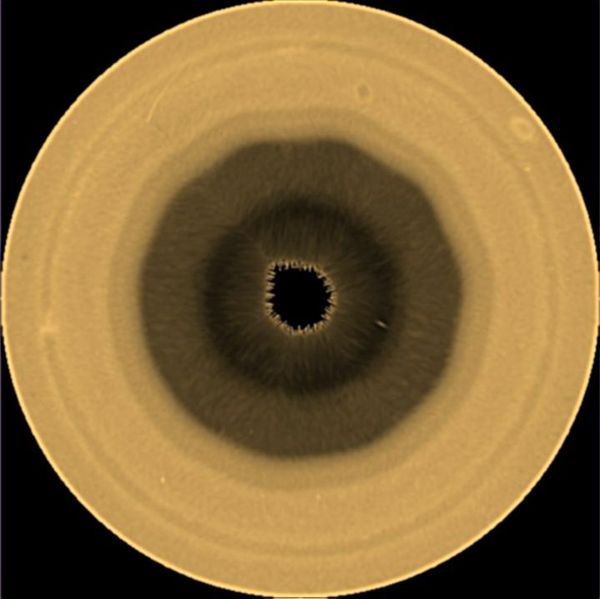 A polar projection of Saturn’s southern hemisphere at a red wavelengths at 763 nanometers that was obtained by the Hubble Space Telescope on August 29, 2025.