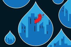 Several illustrated droplets contain city skylines; the closest has a microbe leaning out of a skyscraper window and waving.