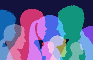 Colorful human head silhouettes overlapping in profile