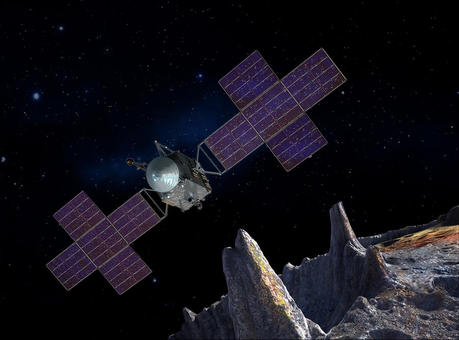 A rendering of a spacecraft with two cross-shaped solar panels flying over a gray surface.