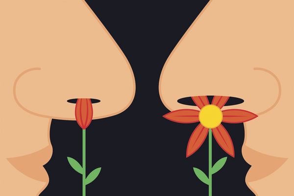 A conceptual illustration, by Thomas Fuchs, of two noses smelling two red flowers on a black background.