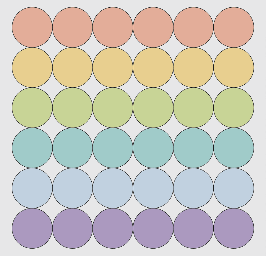 Graphic shows 36 circles packed together in a six-by-six grid with each row and column arranged in a straight line. Each row is shown in a different color, and the rectangular space they fill is colored light gray.